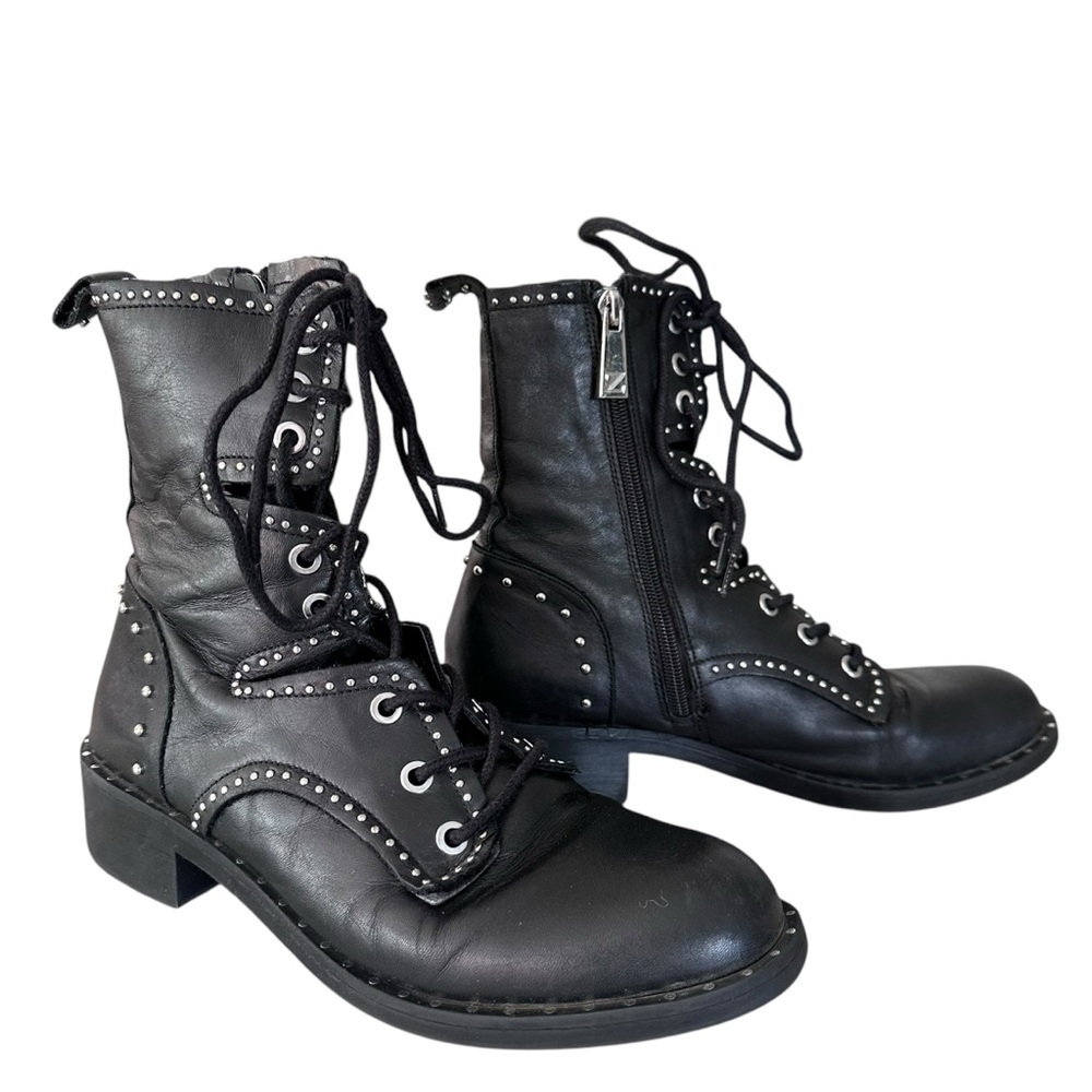 Zara Black Leather Lace Up Biker Chelsea Studded Punk Goth Ankle Boots Size 37 - Picture 2 of 15